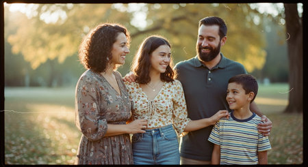 A happy family of four enjoying a sunny day in a park, with warm sunlight filtering through trees, capturing a moment of joy and togethernessの素材