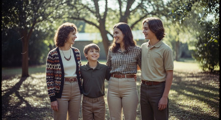 A family of four standing together in a sunlit park, smiling and enjoying each others company, wearing casual outfitsの素材
