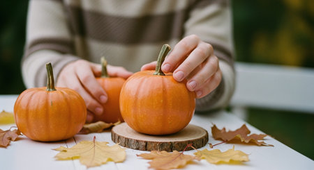 A person placing a small pumpkin on a wooden slice, surrounded by autumn leaves, with two other pumpkins nearby, evoking a cozy fall atmosphereの素材