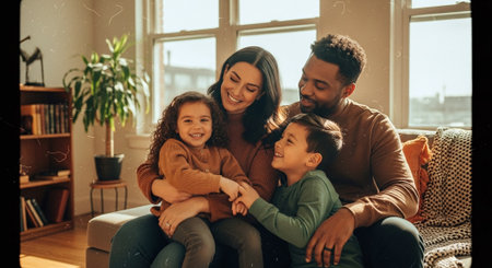 A happy family of four sitting together in a cozy living room, smiling and enjoying each others company, with sunlight streaming through the windowsの素材