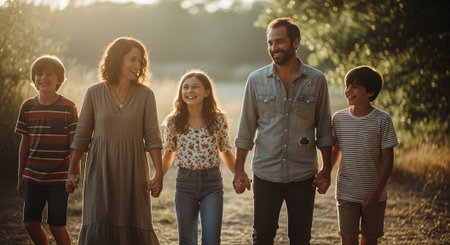 A happy family walking together in a sunlit outdoor setting, holding hands, smiling, enjoying quality timeの素材