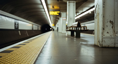 A deserted subway platform with a bench, dim lighting, and a distant figureの素材