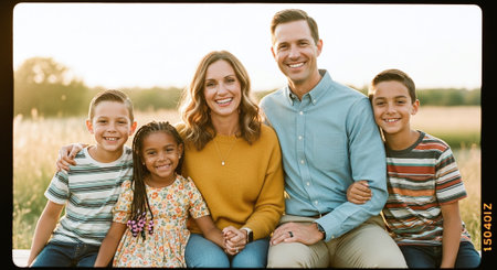 A happy family of five sitting together outdoors during sunset, smiling and enjoying each others companyの素材