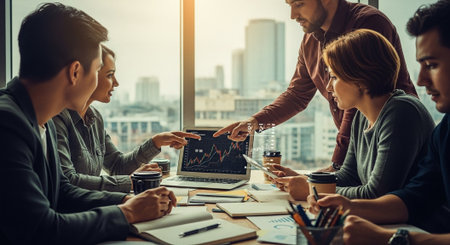 A group of professionals in a meeting discussing financial data on a laptop, with charts and graphs visible, in a modern office settingの素材