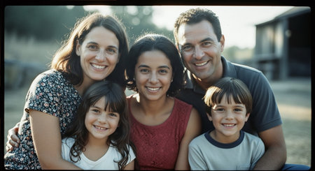 A happy family of five posing together outdoors, smiling, with a natural backgroundの素材