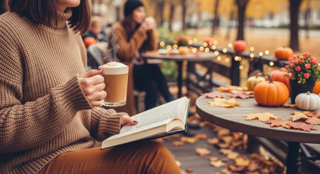 A cozy outdoor cafe scene in autumn, featuring a woman holding a coffee cup and reading a book, surrounded by pumpkins and fall leavesの素材