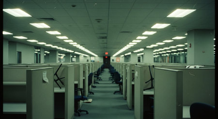 An empty office space with cubicles and chairs, fluorescent lighting, and a long corridorの素材