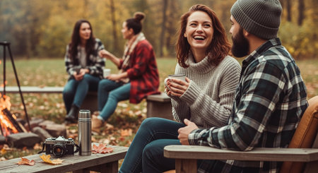 A cozy outdoor gathering with friends around a campfire, enjoying warm drinks and laughter in autumn foliageの素材