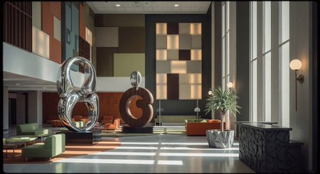 A modern lobby with abstract sculptures, colorful furniture, and large windows allowing natural lightの素材