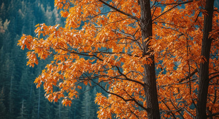 Vibrant orange autumn leaves on trees, with a blurred forest backgroundの素材