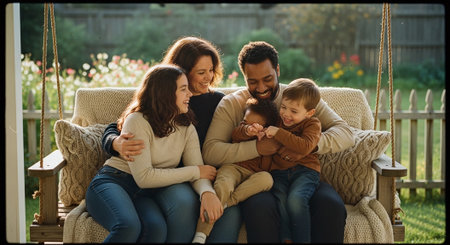 A happy family sitting together on a swing, enjoying quality time outdoors, surrounded by flowers and greeneryの素材
