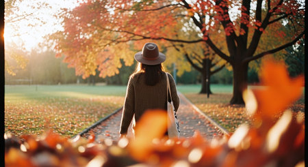 A woman walking through a park during autumn, surrounded by colorful fall foliage, wearing a hat and a sweater, with sunlight filtering through the treesの素材