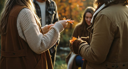 A group of friends enjoying autumn outdoors, holding colorful leaves, warm clothing, golden hour lighting, cozy atmosphereの素材