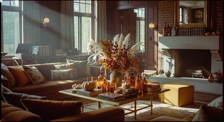 A cozy living room decorated for autumn, featuring a large sofa, a coffee table with pumpkins and amber bottles, and warm sunlight streaming through windowsの素材