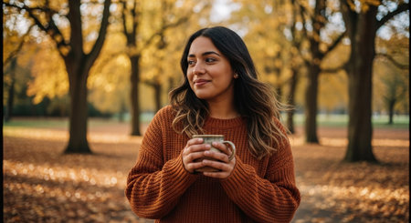 A woman holding a mug in a park during autumn, surrounded by yellow and orange leavesの素材