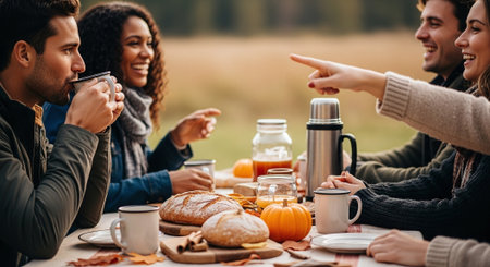 A group of friends enjoying a fall outdoor gathering with food and drinks, featuring bread, pumpkins, and a scenic backgroundの素材