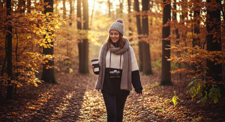 A young woman walking in a forest during autumn, wearing a cozy sweater, scarf, and beanie, holding a coffee cup, surrounded by orange and yellow leavesの素材