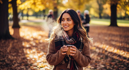 A young woman holding a warm drink in a park during autumn, surrounded by colorful leaves and trees, with a soft smile and steam rising from the cupの素材