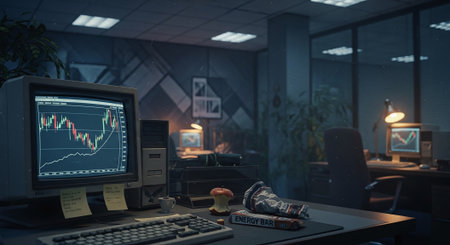A dimly lit office with vintage computer displaying stock market graphs, sticky notes on the monitor, a coffee cup, and snacks on the desk, modern office ambianceの素材