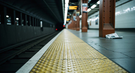 A subway station platform with yellow tactile paving, empty tracks, and dim lightingの素材