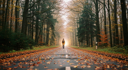 A solitary figure walking down a misty forest road lined with autumn leaves, surrounded by tall trees, creating a serene and contemplative atmosphereの素材
