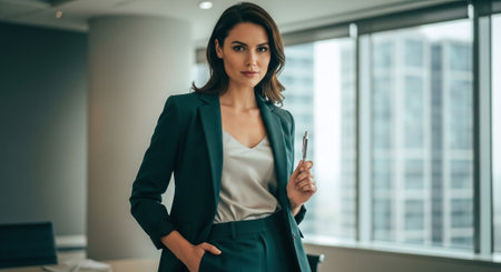 A confident businesswoman in a modern office, wearing a stylish green suit and holding a pen, with large windows showing a cityscape in the backgroundの素材