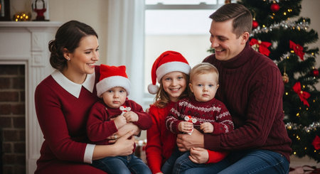 Happy family of three in red sweaters and Santa Claus hats sitting near Christmas treeの素材