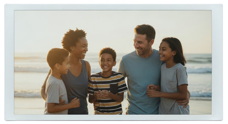 Composite image of happy family looking at each other at beachの素材