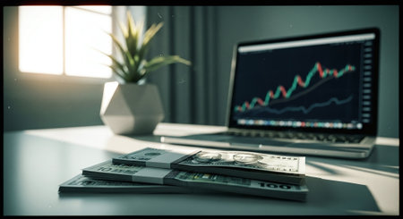 Close up of dollar banknotes and laptop computer. Business and finance concept.の素材