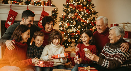Happy family celebrating Christmas together. Father, mother and children opening a gift box.の素材
