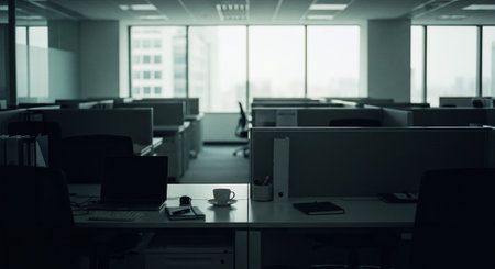 Modern open space office interior with computers. 3d rendering mock upの素材
