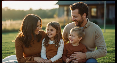 Portrait of happy family spending time together outdoors. Mother, father and children.の素材