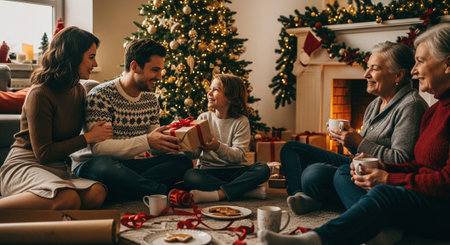Merry Christmas and Happy Holidays! Cheerful family sitting on the floor near the fireplace and exchanging gifts.の素材