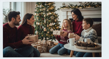 Happy family sitting on the floor in front of a Christmas tree and exchanging giftsの素材