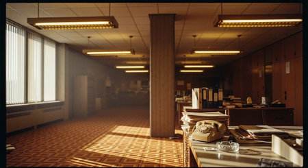 A vintage office interior with wooden cabinets, stacks of papers, and an old rotary phone on a desk, illuminated by warm overhead lightsの素材