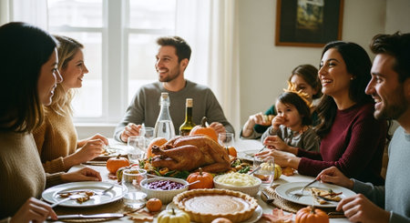 Happy family having Thanksgiving dinner at home. Cheerful parents and their children celebrating Thanksgiving together.の素材