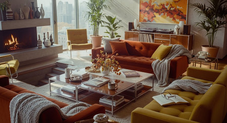 A cozy living room with modern furniture, featuring orange and yellow sofas, a glass coffee table, and a fireplace, surrounded by plants and artworkの素材