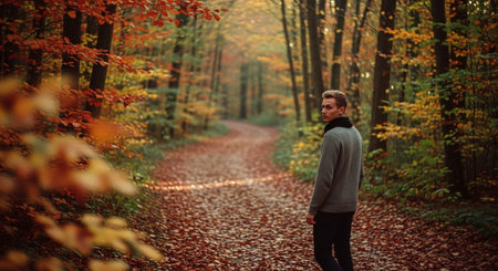 A young man walking on a leaf-covered path in a forest during autumn, surrounded by colorful foliageの素材