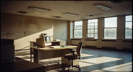 An empty office space with a desk, chair, and old computer, sunlight streaming through large windows, creating a nostalgic atmosphereの素材