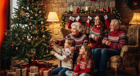 A family decorating a christmas tree in a cozy living room, with gifts and festive decorationsの素材