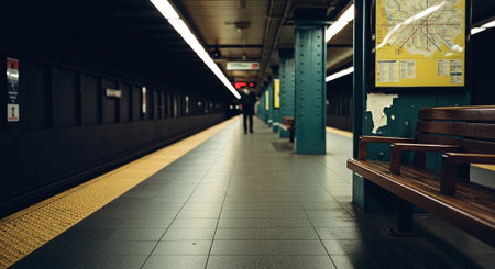 A quiet subway station platform with benches and tiled flooring, dim lighting, and a distant figure walking, creating a sense of solitudeの素材
