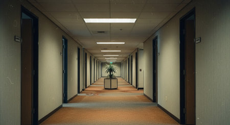 A long, empty hallway with doors on either side and a plant in the centerの素材