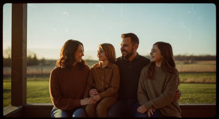 Group of friends looking out the window in the field at sunset.の素材