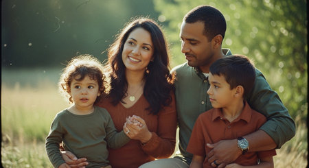 Portrait of a mixed race family with two children in the parkの素材