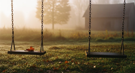 Two empty swings in a foggy field with a single leaf on one swing, a rustic barn in the background, soft morning lightの素材