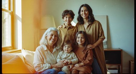 Portrait of happy family looking at camera while sitting on sofa at homeの素材