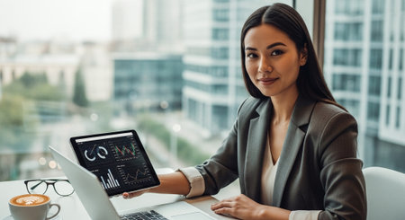 selective focus of smiling businesswoman using laptop with infographics on screenの素材