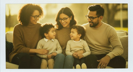 Portrait of a mixed race family sitting on the sofa at homeの素材