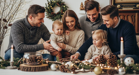 Happy family with two kids sitting on the floor and decorating Christmas tree.の素材