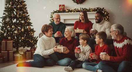 Happy family sitting on floor near Christmas tree and holding cups of hot drinkの素材